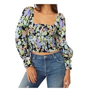 Free People Floral Ariana Smocked Bodice Puff Sleeve Top Multicolor Size Medium